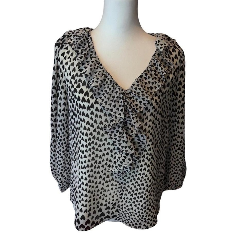 J.Crew Heart Print Officewear Ruffle V-Neck Black‎ White XS Long Sleeve Blouse